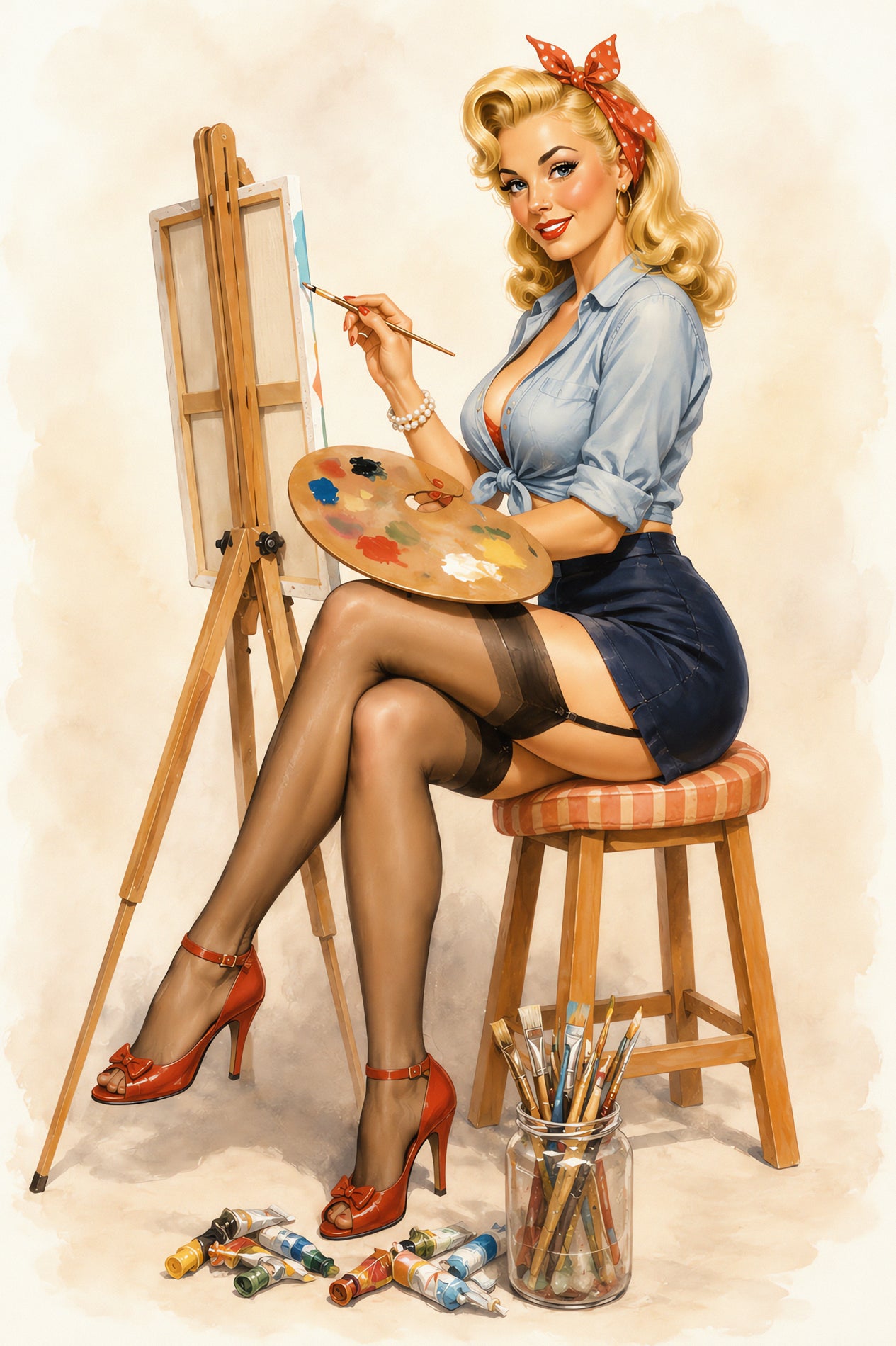 Vintage-style pinup illustration of a blonde woman sitting on a stool and painting at an easel, wearing a light blue shirt, dark skirt, stockings, and red heels, with paint tubes and brushes on the floor.