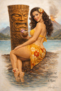 Retro tiki pin-up artwork featuring an island woman holding a coconut cocktail beside a tiki statue and volcano by Ralph Burch