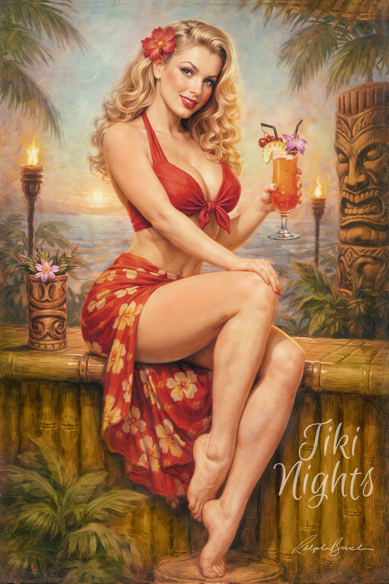 Retro tiki pin-up artwork featuring a tropical woman holding a cocktail beside tiki statues and torches by Ralph Burch

Additional Alt Tags