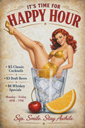 Vintage-style Happy Hour poster featuring a smiling red-haired retro pin-up woman in a shimmering gold outfit reclining inside an oversized ice-filled cocktail glass. Bold red lettering across the top reads, “It’s Time for Happy Hour.” A cherry and orange wedge sit at the base of the glass beside a list of drink specials: $5 Classic Cocktails, $3 Draft Beers, and $6 Whiskey Specials, available Monday through Friday from 4 PM to 7 PM. The poster has a warm, distressed parchment background and finishes with t
