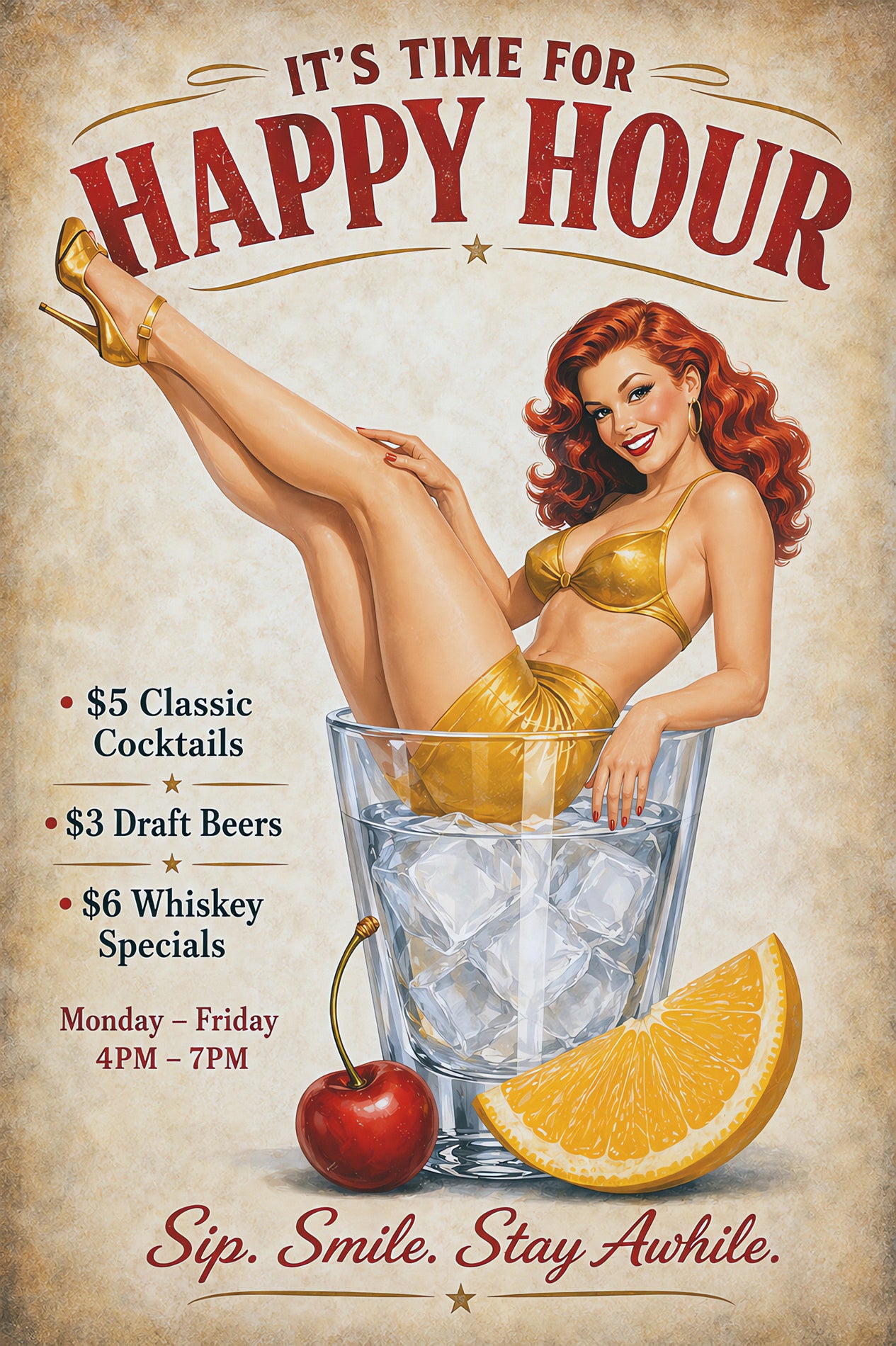 Vintage-style Happy Hour poster featuring a smiling red-haired retro pin-up woman in a shimmering gold outfit reclining inside an oversized ice-filled cocktail glass. Bold red lettering across the top reads, “It’s Time for Happy Hour.” A cherry and orange wedge sit at the base of the glass beside a list of drink specials: $5 Classic Cocktails, $3 Draft Beers, and $6 Whiskey Specials, available Monday through Friday from 4 PM to 7 PM. The poster has a warm, distressed parchment background and finishes with t