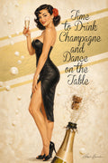 Elegant brunette retro pin-up woman holding champagne beside popping champagne bottle in vintage glamour wall art by Ralph Burch