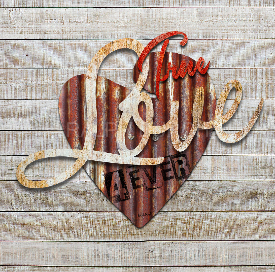 TRUE LOVE 4 EVER Dimensional Vintage Metal Wall Décor by Ralph Burch shows a background layer of a Heart in Rusty Corrugated looking metal with 4ever stamped on it. Attached to the heart is the word Love in a whiteish rusty tone and also over the word Love is the word True in a reddish tone completing the 3 layered dimensional look.