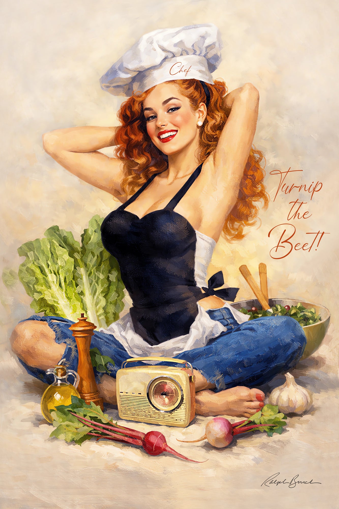 Vintage-style illustrated pin-up scene showing a smiling woman in a chef hat and apron sitting cross-legged with vegetables, a radio, and cooking props, with the text 'Turn up the Beet!' on a warm cream background.