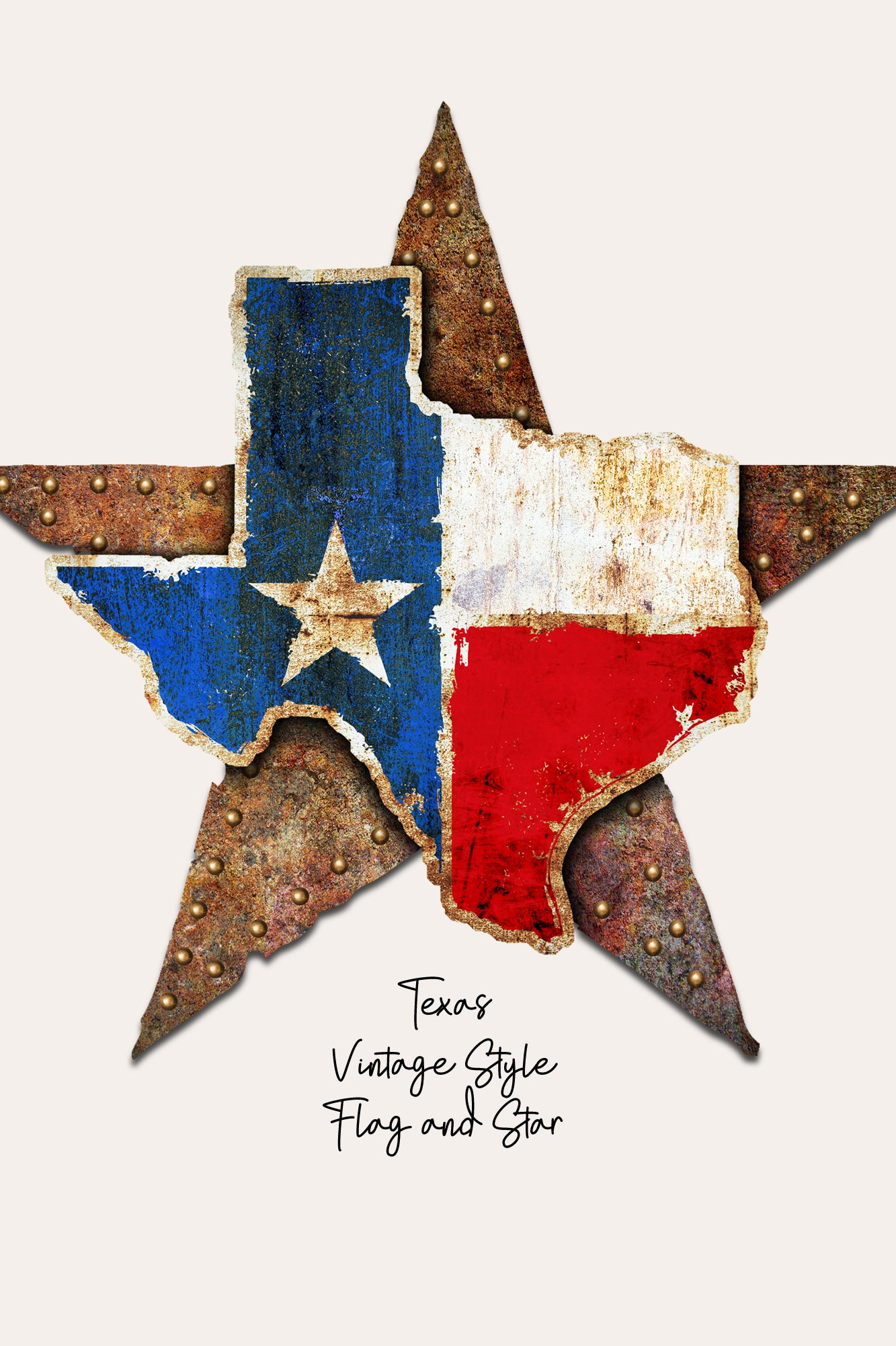 Texas state-shaped star art print featuring a distressed vintage flag design with blue, white, and red sections and rusted metal texture, on a light beige background with the text 'Texas Vintage Style Flag and Star' below.