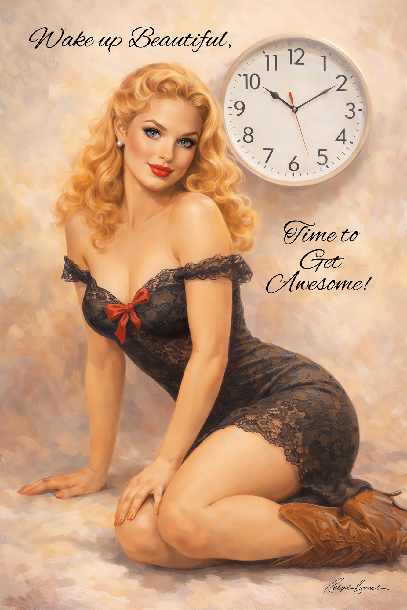 Vintage-inspired pin up artwork featuring glamorous blonde woman with curly hair and red lipstick wearing a black lace dress beside a wall clock with motivational “Wake Up Beautiful” message in a retro glamour setting.