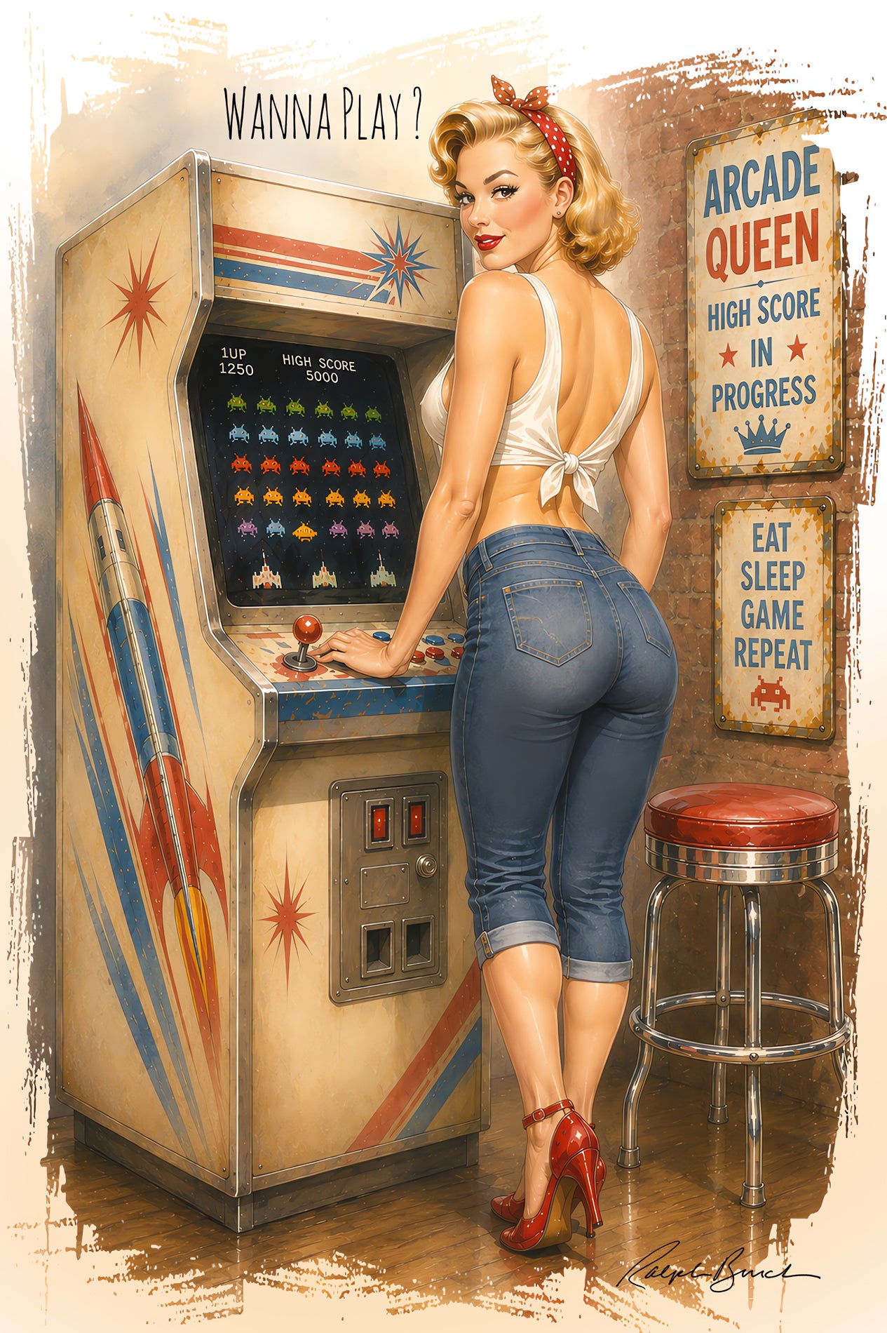 Vintage-style illustrated poster showing a pin-up woman standing beside an arcade machine in a retro room, with signs reading 'Wanna Play?' and 'Arcade Queen.' This is not a clean product shot, measurement chart, swatch, or instruction diagram.