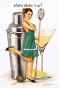 Retro brunette pin-up girl beside oversized cocktail shaker and martini glass in vintage lounge wall art by Ralph Burch

Additional Alt Tags