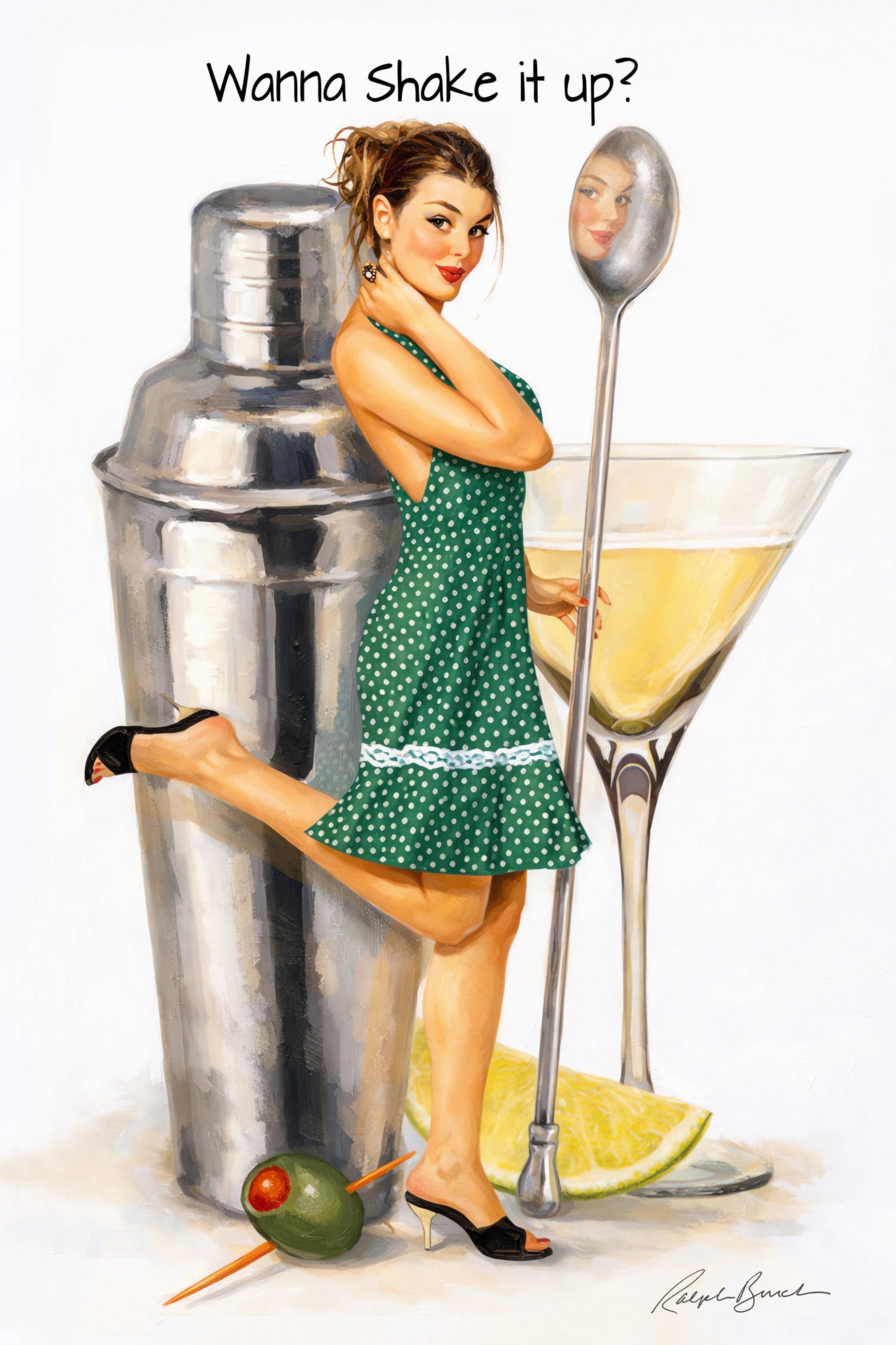 Retro brunette pin-up girl beside oversized cocktail shaker and martini glass in vintage lounge wall art by Ralph Burch

Additional Alt Tags