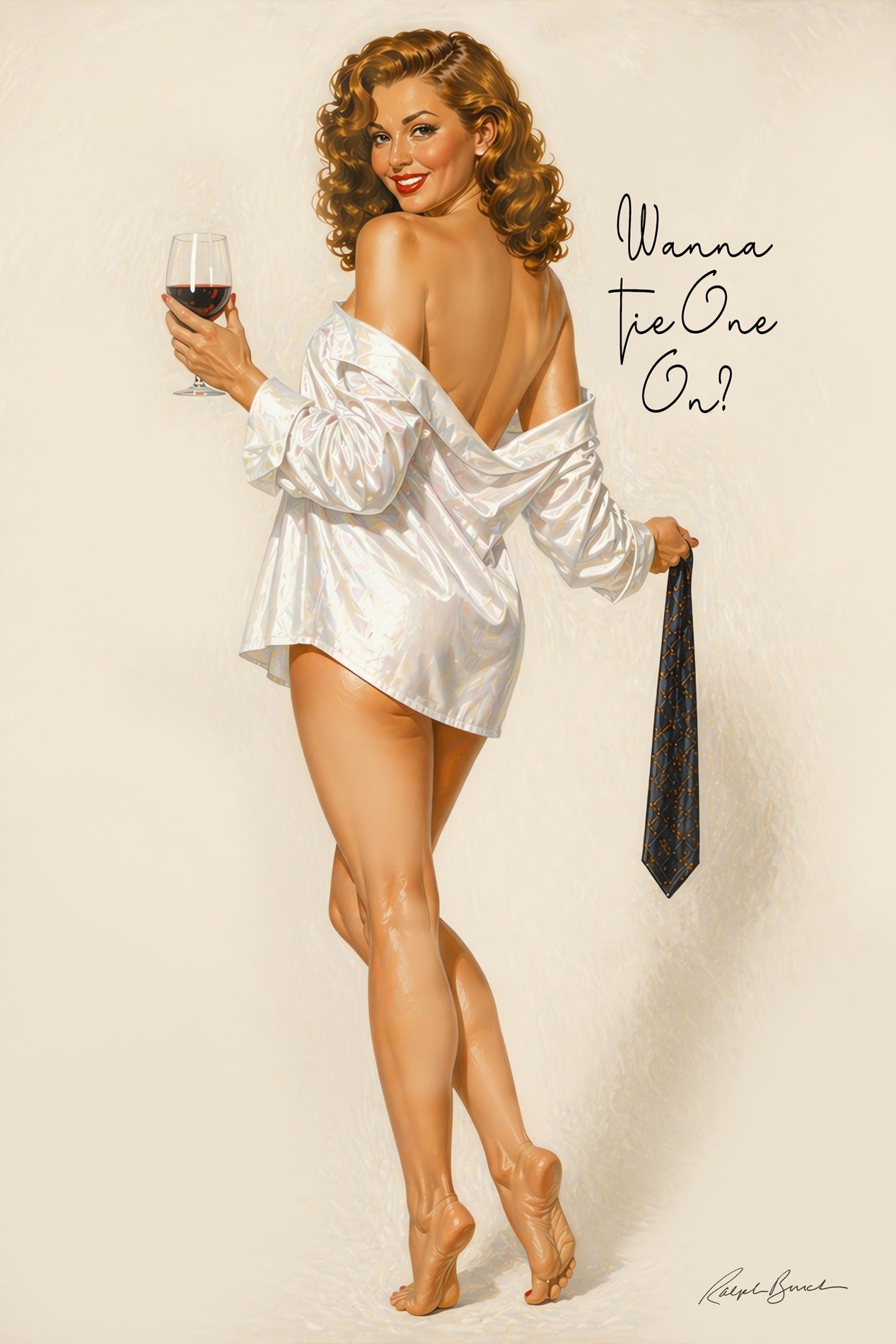 Retro pin-up girl holding wine glass and necktie in vintage cocktail lounge inspired wall art by Ralph Burch

Additional Alt Tags
Vintage pin-up art print with playful cocktail theme
Retro glamour pin-up girl wall décor for home bars
Mid-century inspired pin-up painting with wine glass
Classic 1950s style pin-up artwork by Ralph Burch
Flirty retro pin-up canvas art for cocktail lounges
Vintage-inspired pin-up girl holding necktie and wine
Retro lounge style wall art for whiskey bar décor
Elegant pin-up illu