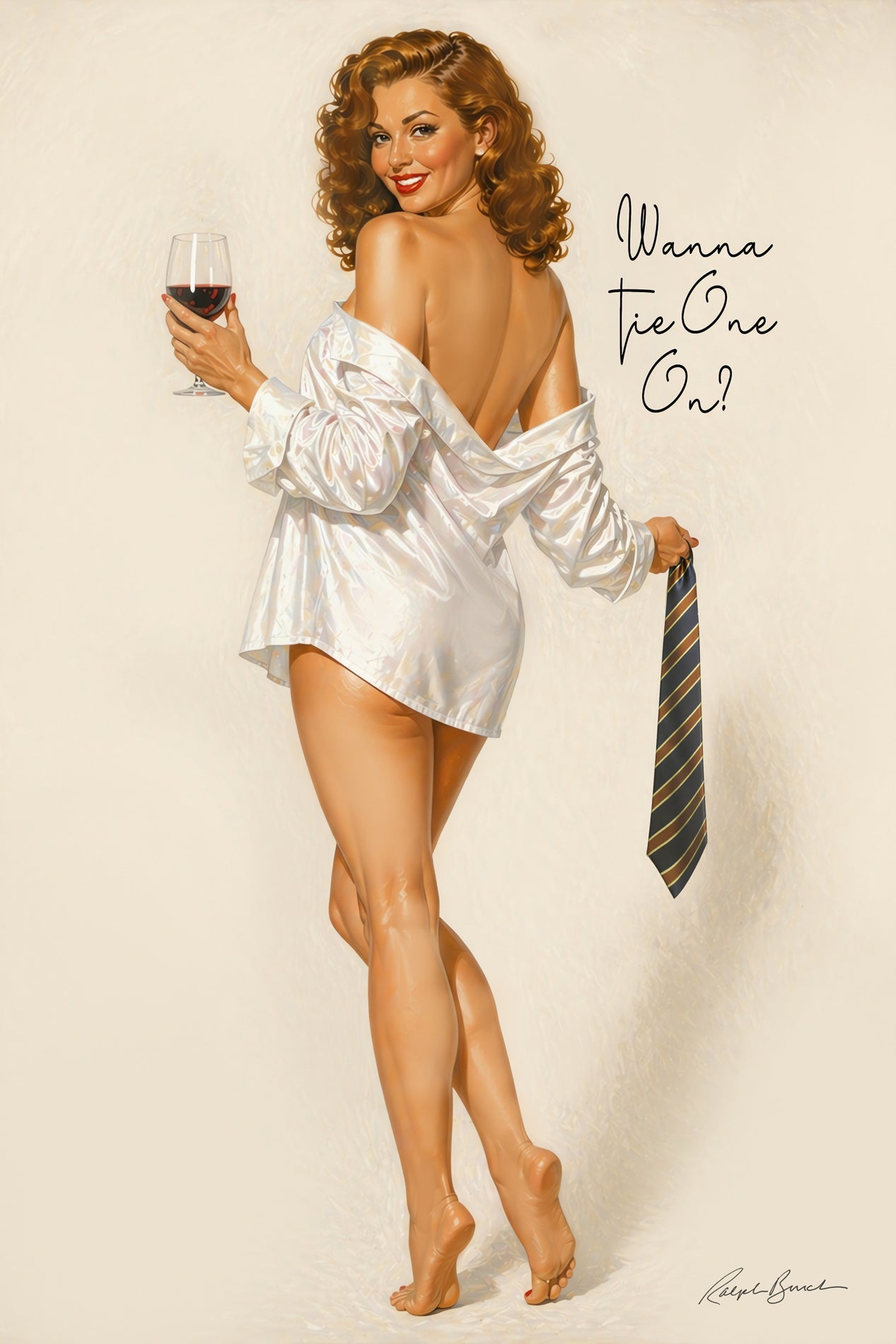 Vintage-style pinup illustration of a woman with curly hair posing in a white satin shirt and holding a striped tie and a glass of red wine, with the text 'Wanna Tie One Out?' on a cream background.