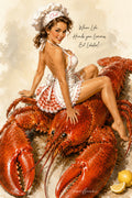 Vintage-style pin-up illustration of a woman in a white apron and chef hat sitting on a large red lobster, with lemons in the corner and the text 'When Life Hands you Lemons, Eat Lobster!' on a warm cream background.