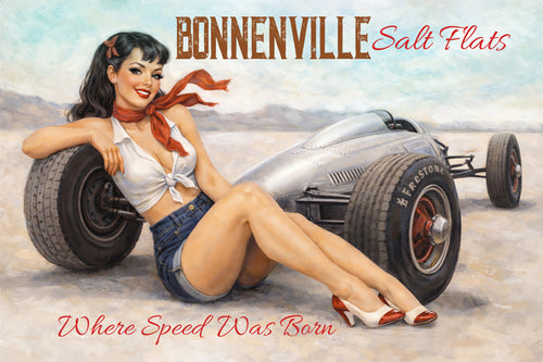 Vintage-inspired pin-up artwork featuring a brunette pin-up girl beside a classic Bonneville Salt Flats race car with retro land-speed racing aesthetics and nostalgic Americana styling.