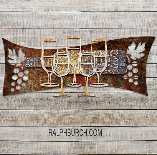Horizontal Dimensional Metal Wine Art Decor by Ralph Burch is made of American Steel in shades of rusts, golds, browns and off whites. The background layer is a scroll shape with grape and leaf shapes  on each end, the second layer is a bottle laying on it's side with the words of different types of wines and the top layer is the outline of 5 wine glasses. The total piece makes a beautiful 3-dimensional metal art piece for wine decor