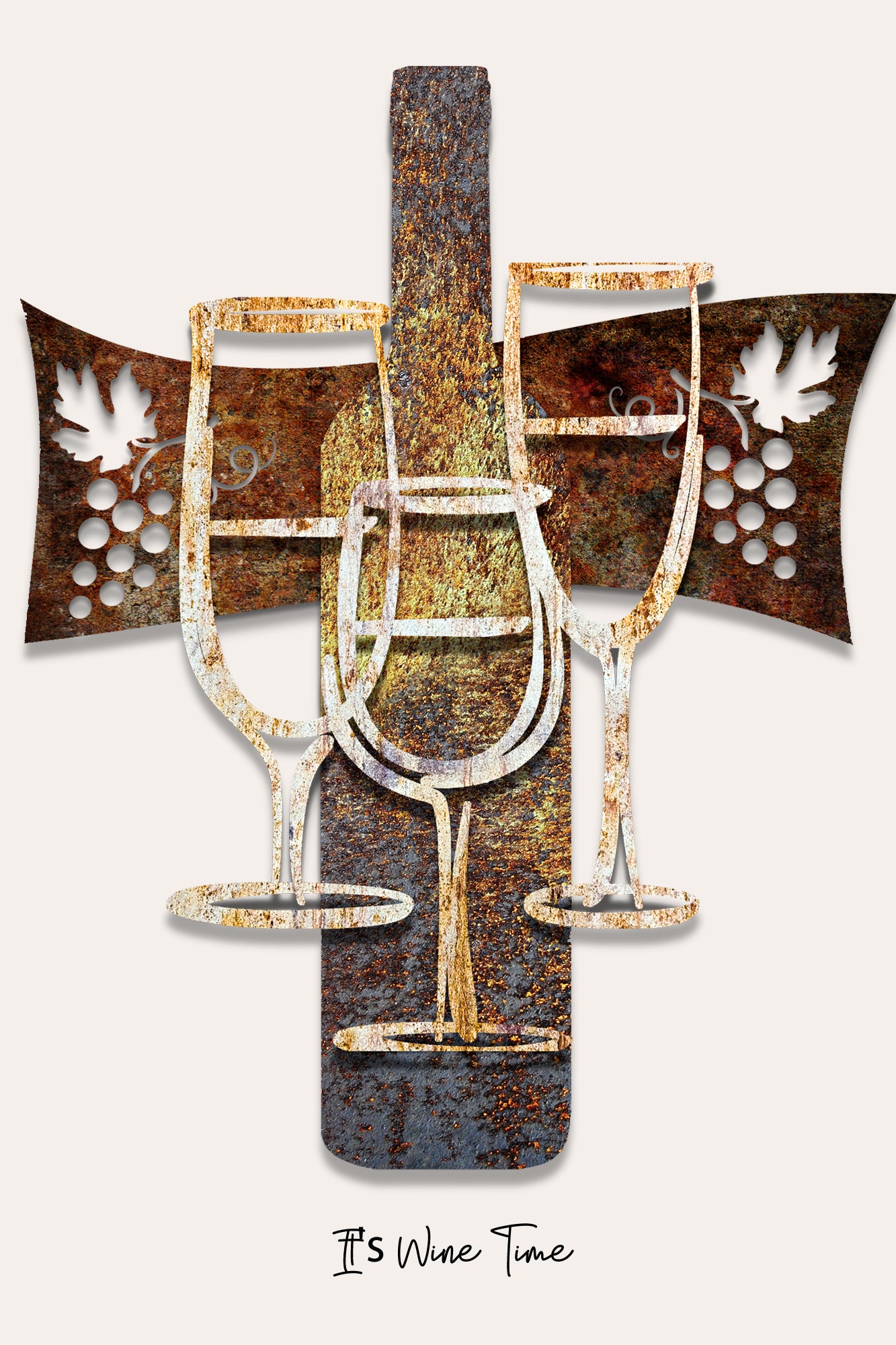 Rustic metal wall art featuring a wine bottle and two wine glasses layered over grapevine-shaped cutouts, with the phrase 'It's Wine Time' printed below on a light beige background.