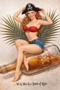 Retro pirate pin-up artwork featuring a glamorous blonde woman sitting on a rum bottle in vintage tropical style by Ralph Burch