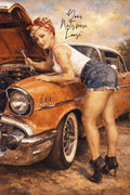 Vintage-inspired pin-up artwork of a blonde pin-up mechanic in denim shorts leaning over a classic orange 1950s hot rod with wrench in hand and retro garage styling.
