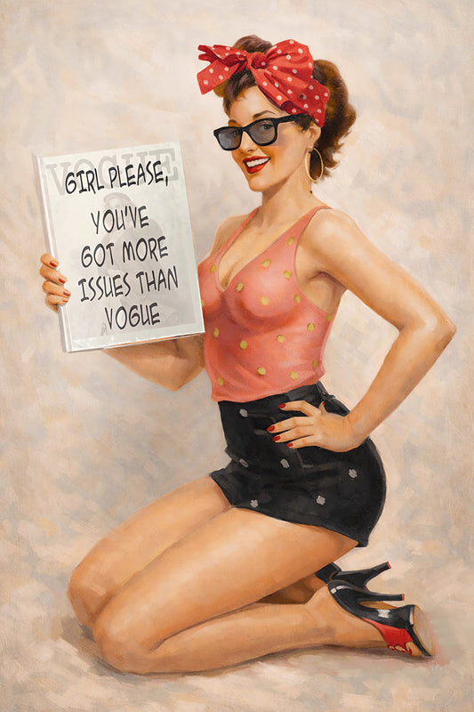 Pin-up-style illustration of a woman holding a sign with text, wearing sunglasses and a red headscarf.