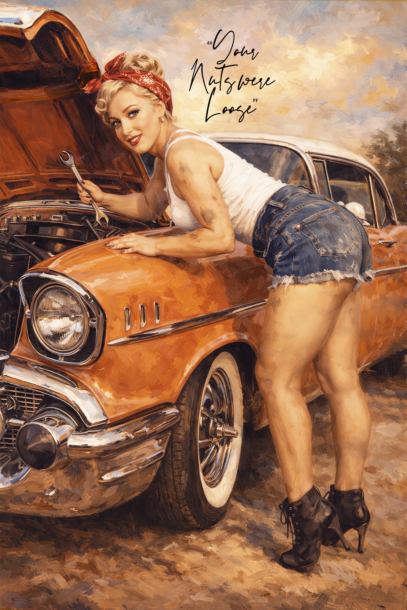 Three-piece retro pin-up garage art set featuring vintage pin-up girls with classic hot rods, gasoline pump scene, mechanic garage humor, and nostalgic Americana styling.
