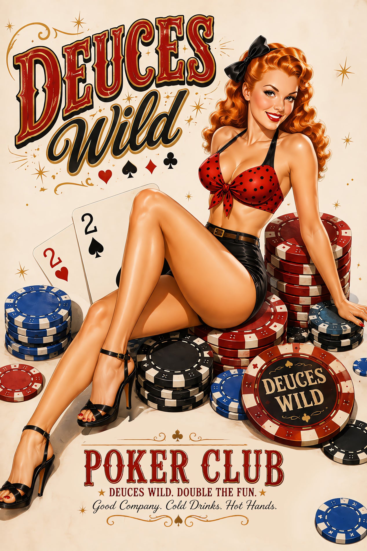 Vintage-style illustrated poster for Deuces Wild Poker Club, showing a pin-up woman reclining among stacks of poker chips and playing cards on a cream background with decorative text.