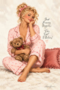 A woman in pink heart-print pajamas sits on a white shag rug holding a brown teddy bear, with a pink pillow behind her. The image has a warm vintage aesthetic with a cursive quote on the right side and a signature at the bottom.