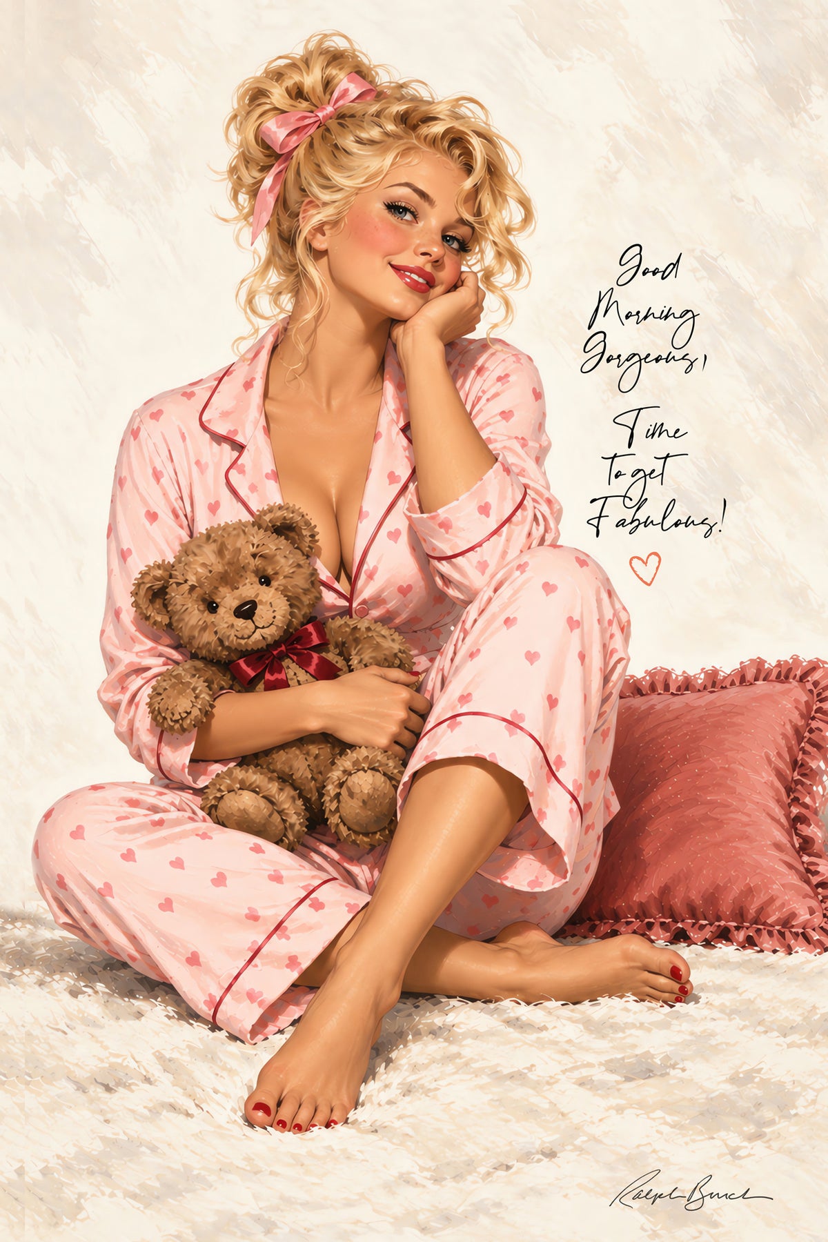 A woman in pink heart-print pajamas sits on a white shag rug holding a brown teddy bear, with a pink pillow behind her. The image has a warm vintage aesthetic with a cursive quote on the right side and a signature at the bottom.