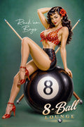 Vintage-style pin-up poster artwork showing a woman seated on a black 8-ball pool cue, with pool cues behind her and the text 'Rack 'em Boys' and '8-Ball Lounge' on a green background.