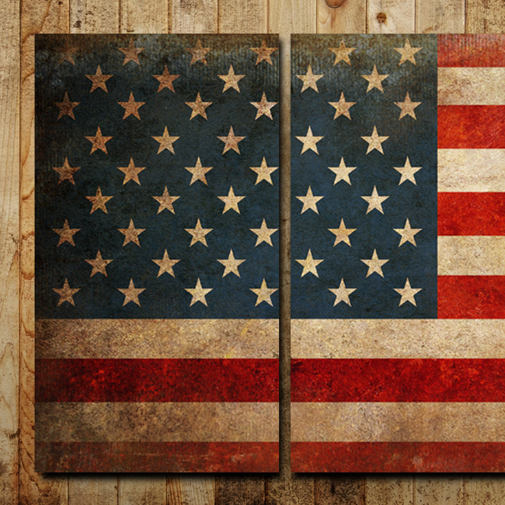 Closeup of a large oversize American Flag Metal Tryptic Metal on wood frames Wall Art with the dimensions that cover a 62 inch by 36 inch area.by Ralph Burch