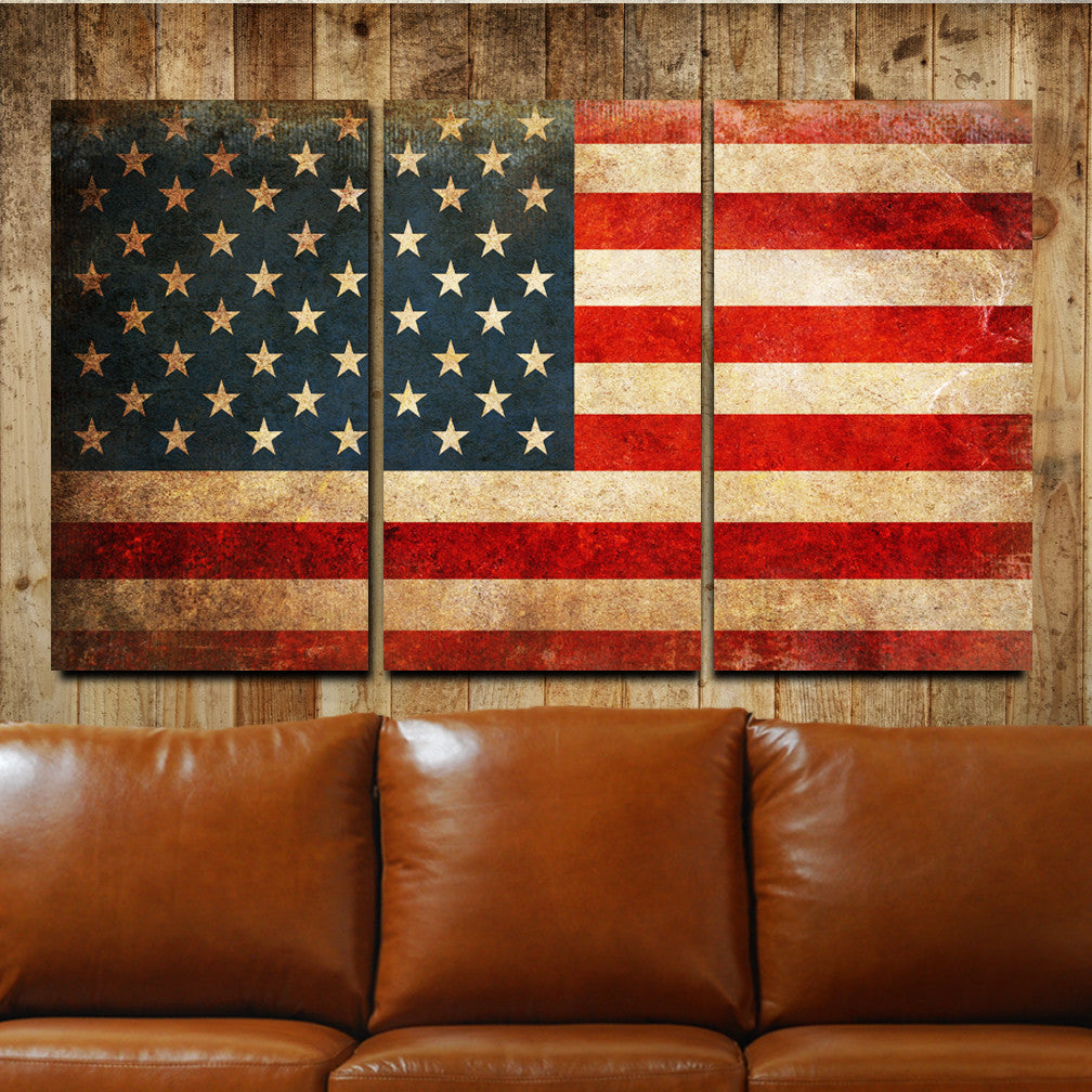 Pictured is a large oversize American Flag Metal Tryptic Metal on wood frames Wall Art with the dimensions that cover a 62 inch by 36 inch area.by Ralph Burch