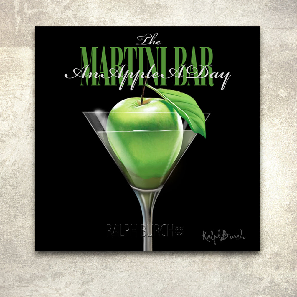 APPLE A DAY APPLETINI MARTINI GICLEE by Ralph Burch - ralphburch.com Pictured is a martini glass with a green apple in it with a leaf. Above it  it reads the Martini Bar and printed on top of that is An Apple a Day!