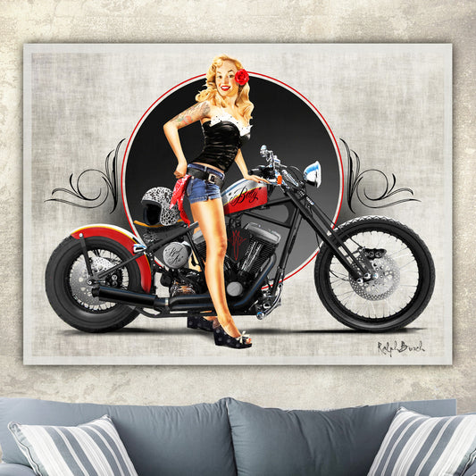 "BAD ASS BETTY" giclee by Ralph Burch - ralphburch.com  Pictured is a retro Pin up girl straddling a Bobber . The background is greyish and the other tones are red, black  and skin tones.  Betty is the the Pin Ups name and it's on the gas tank and Bad Ass is also on another part of the bike. There's a contrasting circle with pinstriping on the background with Betty and her Bobber foreground.