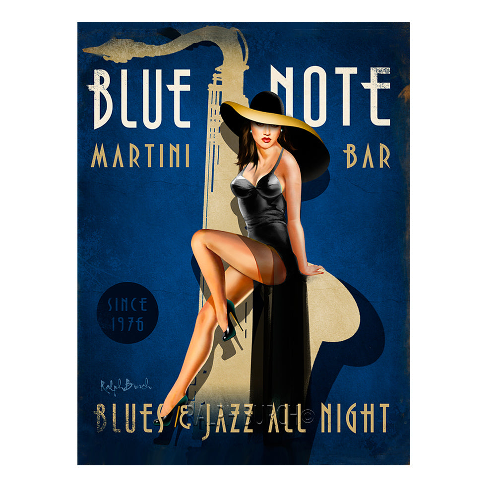 Retro Blue Note Martini Bar Pinup Art - Available on Paper or Canvas Framed or Stretched by Ralph Burch - ralphburch.com