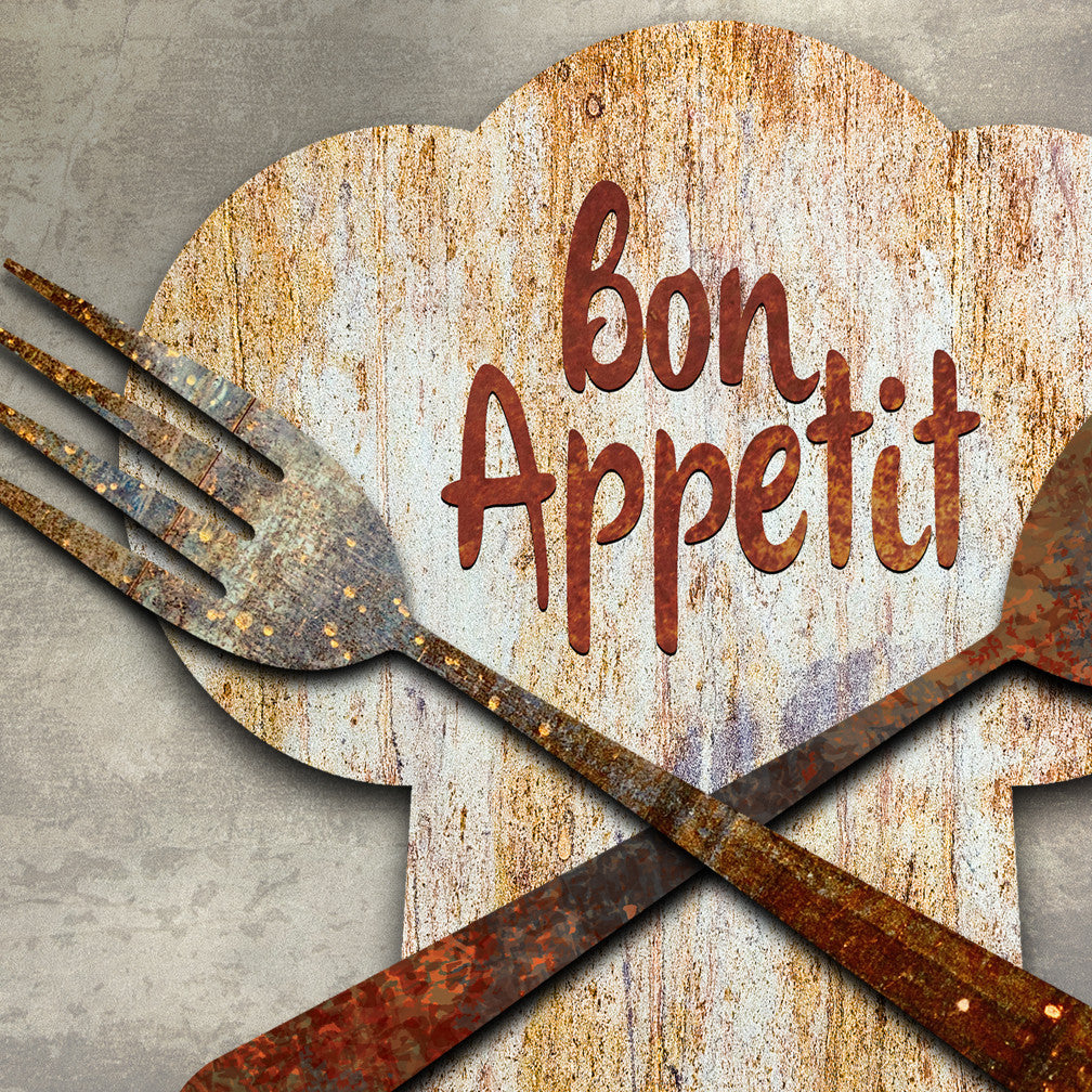 Closeup of Bon Appetit Dimensional Chef's Hat Wall Décor by Ralph Burch. Pictured is a Chef's hat in weathered whiteish tones. Raised and attached to the Hat are a crossed fork and spoon also in rustic tones. The words are at the top of the chef's hat which read: Bon Appetit
