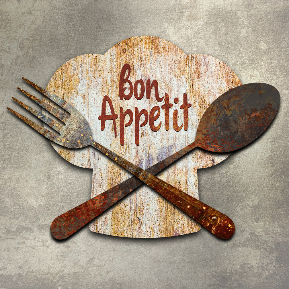 Bon Appetit Dimensional Chef's Hat Wall Décor by Ralph Burch. Pictured is a Chef's hat in weathered whiteish tones. Raised and attached to the Hat are a crossed fork and spoon also in rustic tones. The words are at the top of the chef's hat which read: Bon Appetit