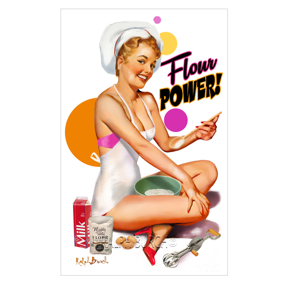 "THE CHEF" Pin Up Paper Giclee by Ralph Burch. "FLOUR POWER" Retro Pin Up Giclee by Ralph Burch. This is a painting of a Pin Up Girl Chef sitting with a mixing boel in her lap and ingredients all around her. She wears a Chef's hat and the words say Flour Power. The perfect print for your Kitchen or Restaurant.