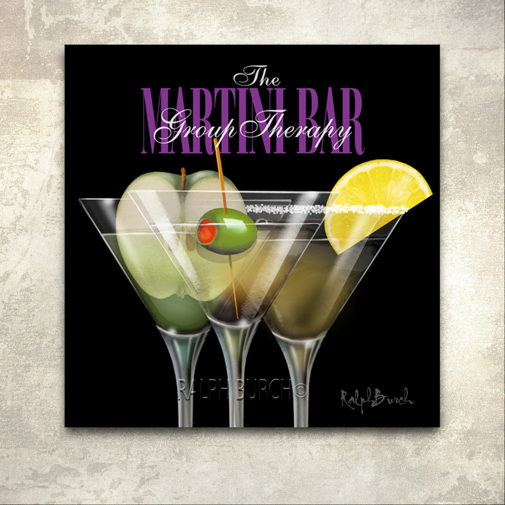 GROUP THERAPY MARTINI BAR art GICLEE by Ralph Burch available on paper or canvas framed or gallery wrapped - ralphburch.com Pictured are three martini glasses. The heading over the glasses says Group Therapy Martini Bar. In one glass is half an apple, the front one an olive and on the right this glass has a lemon wedge
