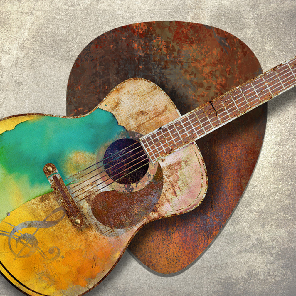 This dimensional metal wall art by Ralph Burch is a large pick in the background in tones of rusts and browns with a raised guitar with a watercolor feel in tones of rusts, browns, golds, greens, teals, oranges, pinks and off whites. Close up