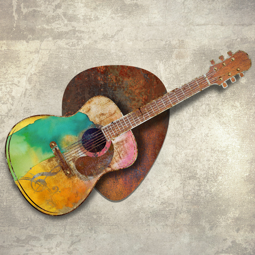 This dimensional metal wall art by Ralph Burch is a large pick in the background in tones of rusts and browns with a raised guitar with a watercolor feel in tones of rusts, browns, golds, greens, teals, oranges, pinks and off whites