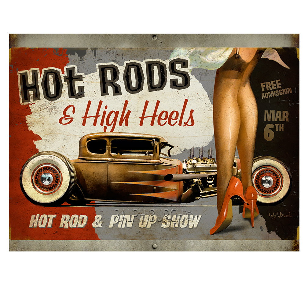 HOT RODS & HIGH HEELS PAPER GICLEE BY RALP BURCH.  Hot Rods & High Heels Giclee by Ralph Burc Designed as a vintage poster of a Hot Rod Show, This features a Rat Rod with a cropped in woman in a skirt in High Heels standing back from the car. There's Greyish, Reddish, black and browns in this art giving it a vintage feel.