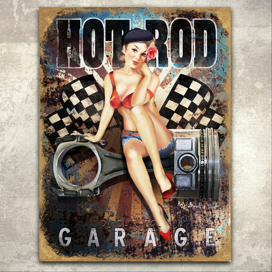 HOT ROD GARAGE Pin Up giclee by Ralph Burch. Pictured is a Goldish Rusty weathered background with Racing Flags, a faint sunburst. On the top is says Hot Rod and on the bottom it says Garage. In the foreground of the art, is a Retrp looking Pin Up Girl with a wrench in hand sitting on a Motor Piston