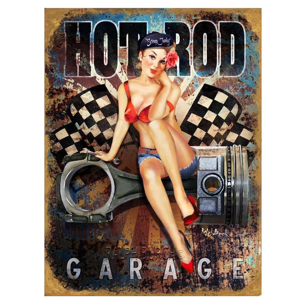 HOT ROD GARAGE Pin Up Paper giclee by Ralph Burch. HOT ROD GARAGE Pin Up giclee by Ralph Burch. Pictured is a Goldish Rusty weathered background with Racing Flags, a faint sunburst. On the top is says Hot Rod and on the bottom it says Garage. In the foreground of the art, is a Retrp looking Pin Up Girl with a wrench in hand sitting on a Motor Piston avail as a Paper Giclee as well.
