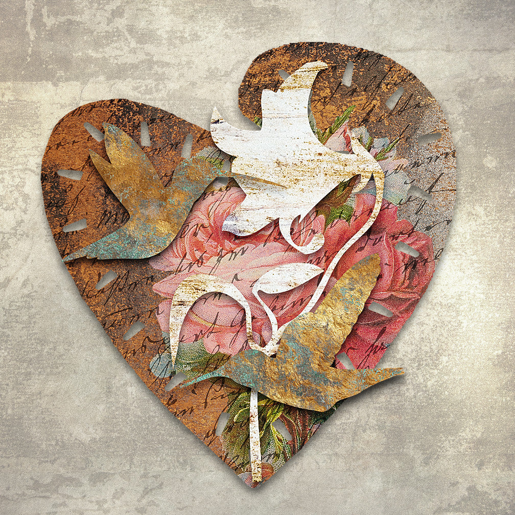 I Love Hummingbirds Dimensional Metal Wall Décor by Ralph Burch. Pictured is a metal layered  Heart shaped background with florals and handwriting and weathered rusty tones. Attached to the hearts is rustic white Lilly shape and on top of that are 2 hummingbird shapes in goldish tones and blueish green tones.
