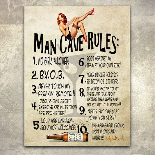 MAN CAVE RULES GICLEE BY RALPH BURCH Every Man Cave Needs Rules. Pictured is a painting of Pin Up Girl with a Cocktail in her hand sitting the the Words Man Cave Rules. On the background, Theres a light image of a cocktail glass with an olive in it and laying on its side is a beer bottle. Below the Words Man Cave Rules are10 humorous Rules