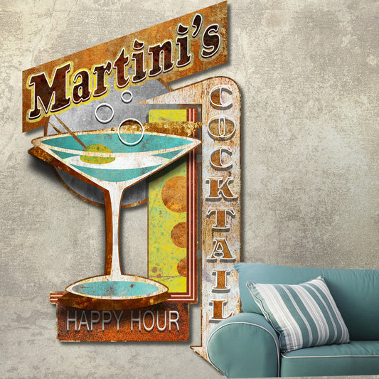 DIMENSIONAL MARTINI METAL WALL ART by Ralph Burch is fashioned after a vintage Bar Sign. The background is like an old Bar Cocktails Exterior Building sign with a Cocktail Glass attached to the background to give the appearance of Dimension