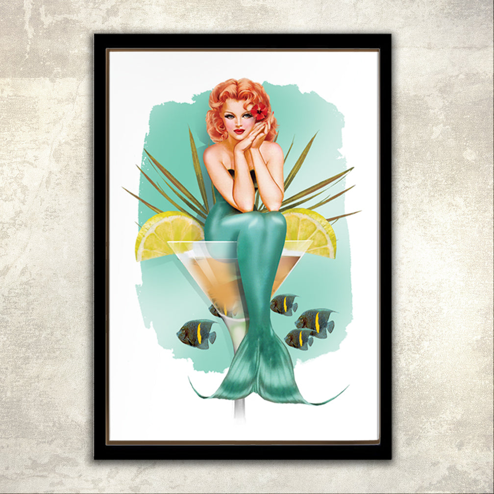 Mermaid Martini Watercolor in a Floater Frame by Ralph Burch - ralphburch.comMermaid Martini in a Floater Frame by Ralph Burch. This is an alternate to The original version and shows an aqua watercolor tone and white background and no Mermaid Martini title. 