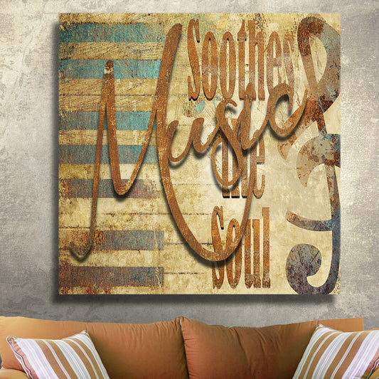 Metal background with piano keys in tones of rusts, golden colors and turquois and the words "Soothes the Soul" with the word "Music" in metal raised above the metal background giving it dimension. Music Soothes the Soul Dimensional Metal Wall Decor by Ralph Burch