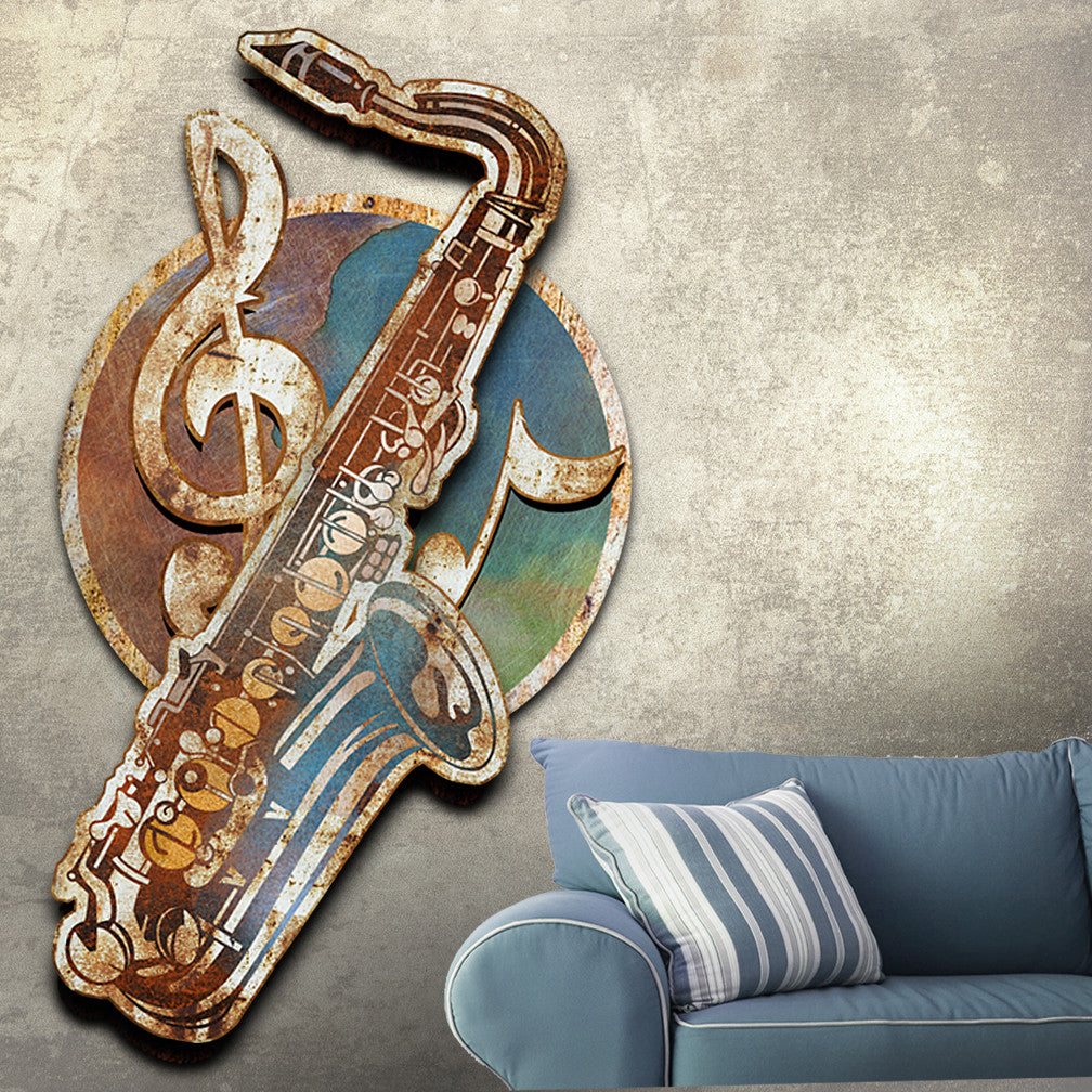 Sax Dimensional Metal Wall Decor by Ralph Burch . Pictured is a Saxaphone in rusty browns and blues. thats mounted to a circular backgrounds also idone in rusty brown tones and blues with a music cleft giving the overall wall art a dimension effect.