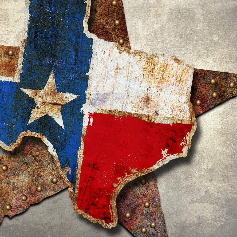 Pictured is a closeup of a dimensional Metal Texas Star Wall Art that has a rustic Star background with a shape of the state of Texas that has a rustic Texas flag across it. Ready to Hang by Ralph Burch - ralphburch.com