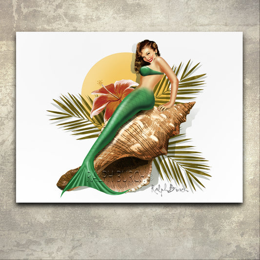 "Tropical Mermaid" Giclee by Ralph Burch. Pictured is a Mermaid sitting on a conch shell. Behind her is a large Red Hibiscus and palm fronds and a yellowish circular Sun. She is green and flesh tones and is Brunette.